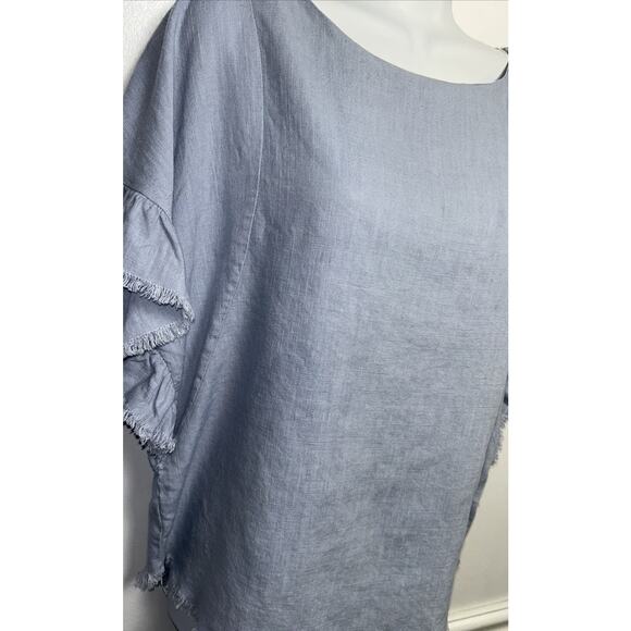 Umgee Linen Blend Top Womens S Blue Cap Sleeve Raw Frayed Hem Boho Round Neck - Picture 2 of 7